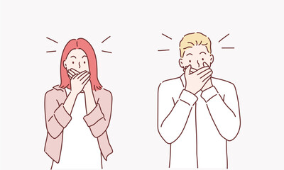 Keep a secret be quiet concept. Two secretive people keeping mouth shut. Hand drawn style vector design illustrations.