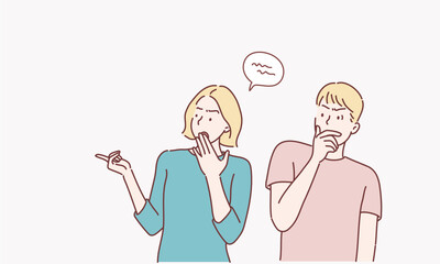 Woman says rumors to other man character. Hand drawn style vector design illustrations.