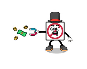 Character Illustration of no left turn road sign catching money with a magnet