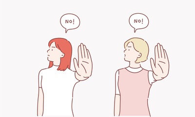 Serious young  women standing with outstretched hand showing stop gesture isolated over white background. Hand drawn style vector design illustrations.