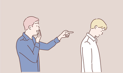 A man laughs at a man, pointing at him with his finger. The concept of bullying and ridicule. Hand drawn style vector design illustrations.
