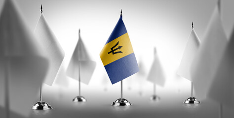 The national flag of the Barbados surrounded by white flags
