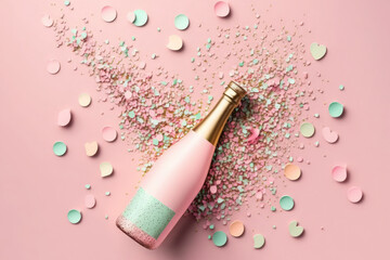 Creative trendy pink heart shaped confetti poured out of champagne bottle on pastel background. Generative AI - obrazy, fototapety, plakaty