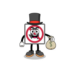no U turn road sign mascot illustration rich man holding a money sack