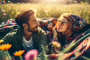 Smiling young couple laying in flowery field, generative art