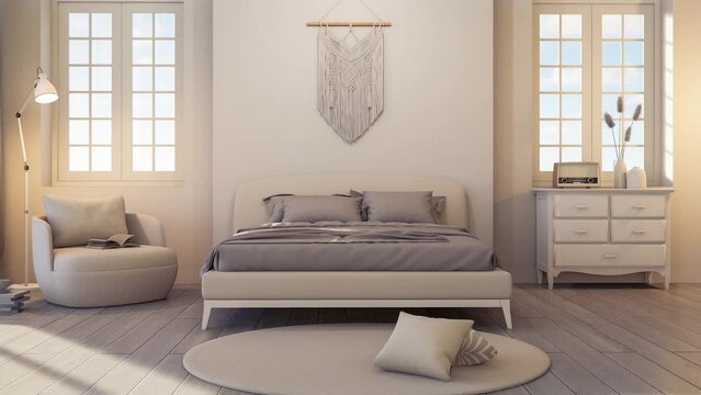 Morning light animation time lapse of Modern classic style luxury white bedroom 3d render The room has a parquet floor and white window overlooking bright background