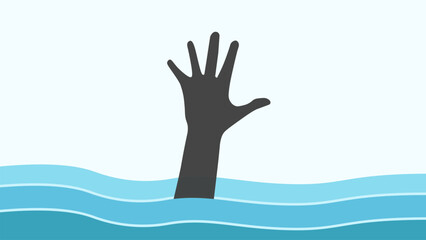 FLat design illustration hand reach up from blue water, man drown, sea drarn, swimming pool accident, need help man, life guard
