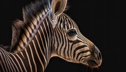 Fototapeta na wymiar Endangered animal - Grevy's Zebra foal closeup on black background