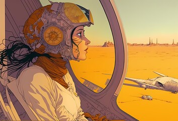 Graphic Novel Style Image of a Space Traveler Woman in a Spaceship on an Alien Planet.[Science Fiction Landscape. Video Game, Anime, Manga, or Comic Illustration.]