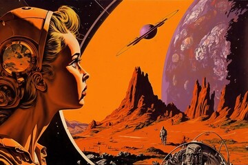 Retro Future 1960’s Style Image of a Space Woman Looking Out a Window at an Alien Planet. [Science Fiction Landscape. Graphic Novel, Video Game, Anime, Manga, or Comic Illustration.]
