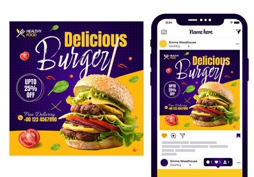 Delicious Burger Social Media Post Design Template