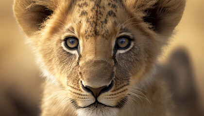 Vulnerable animal - African lion cub face closeup