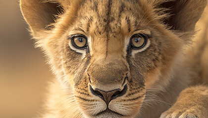 Vulnerable animal - African lion cub face closeup
