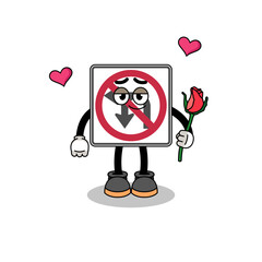no left or U turn road sign mascot falling in love