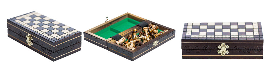 Open and closed gift box with chess. Intellectual game and sports. Set, collage. Isolated on white background. Panorama format.