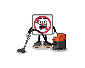 Character mascot of no left or U turn road sign holding vacuum cleaner