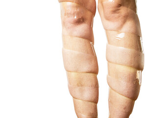 concept of varicose veins, female legs are taped, on a white background, heaviness and discomfort...