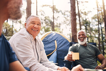 Obraz premium Camping, trekking and senior men in the mountains for retirement travel and bonding in Switzerland. Relax, laughing and elderly friends speaking while on a camp for an adventure and holiday in nature