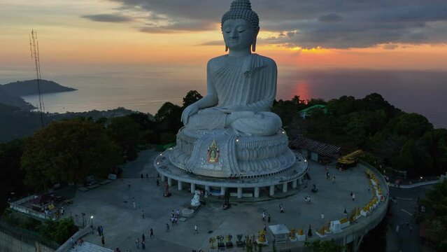 aerial photography scenery colorful sky and blue sea at Phuket big Buddha. .aerial view Phuket Big Buddha is one of the island most important and revered landmarks on Phuket island..blue sky and blue 