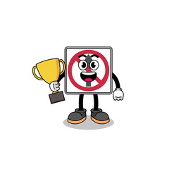 Cartoon mascot of no thru movement road sign holding a trophy