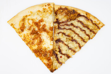 Two Different New York City Style Pizza Slices on a White Background