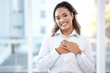 Black woman, business and happy portrait with hands on chest for care, kindness and love for...