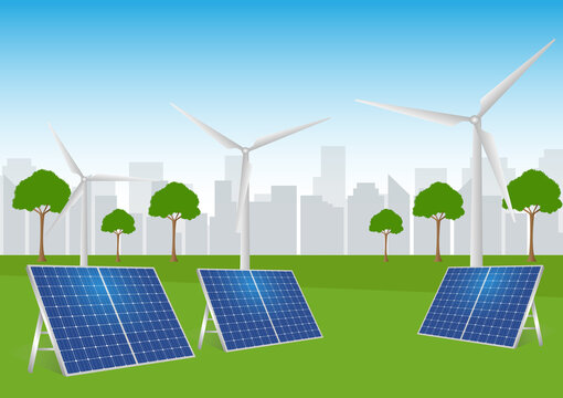 Green City Environment with Solar Panels and Wind Turbines. Environmentally friendly City. Sustainable energy for Environment. Vector Illustration.