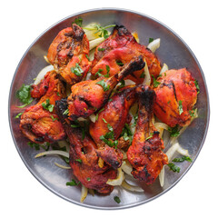 indian tandoori chicken on plate shot from top down view and isolated - obrazy, fototapety, plakaty