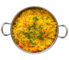 Indian vegetable biryani in balti dish shot from topview and isolated - 570493873