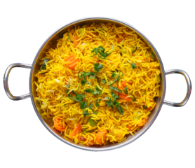 Indian vegetable biryani in balti dish shot from topview and isolated
