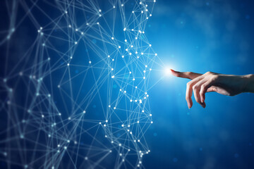 Woman hand touching digital transformation and metaverse concept. Connection next generation...