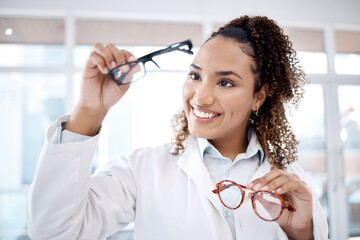 Eye care, vision and black woman, glasses choice and optometrist, healthcare for eyes with doctor and smile. Prescription lens, designer frame and eyewear decision, health insurance and optometry - obrazy, fototapety, plakaty