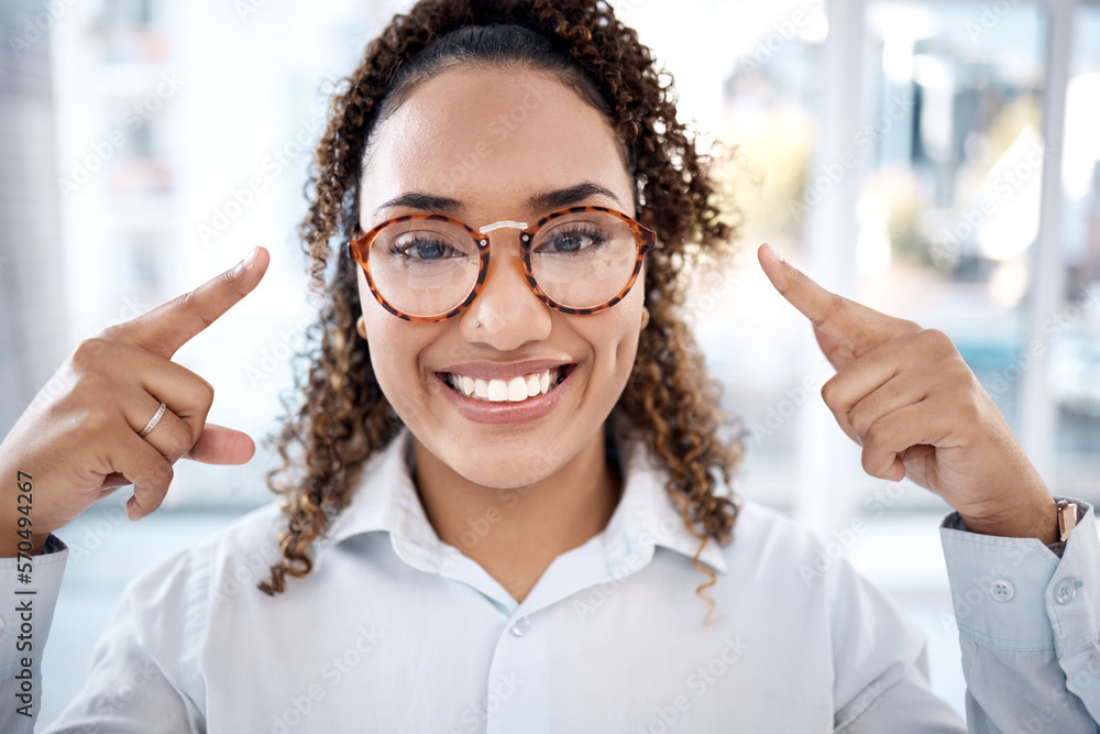 Sticker Black woman, face and glasses for eye care, vision and designer frame, prescription lens and optometry. Portrait, fashion eyewear and ophthalmology, health for eyes for wellness and happy with choice