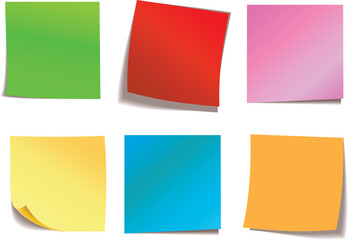 Fototapeta na wymiar Collection of different colored sheets of note papers with curled corner, ready for your message. Realistic vector illustration. Isolated on white background. Front view. Close up. Set