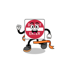 Mascot cartoon of do not enter road sign running on finish line