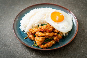 stir-fried fried fish with basil and fried egg topped on rice