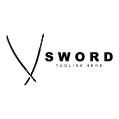 Sword Logo, Samurai Katana Monochrome Design, Vector War Weapon Cutting Tool Template Icon