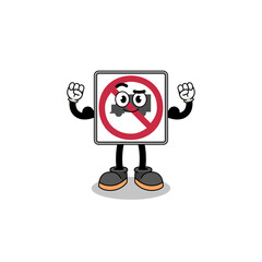 Mascot cartoon of no trucks road sign posing with muscle