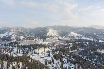 Aerial view of Leavenworth, WA at sunrise in December of 2022