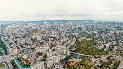 Saratov, Russia. Panorama of the city of Saratov in cloudy weather, Aerial View