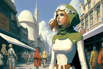 Retro Future 1960’s Style Image of a Woman on a Futuristic City Street. [Science Fiction Landscape. Graphic Novel, Video Game, Anime, Manga, or Comic Illustration.]
