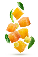 Falling cube shape of cut from citrus fruits isolated on a white background with clipping path.