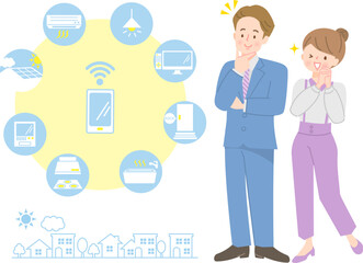 若い夫婦とスマホで家電を遠隔操作するイメージイラスト