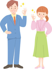 笑顔でガッツポーズをする若い男女