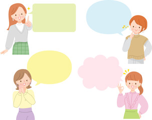 複数の若い女性と吹き出しのイラストセット