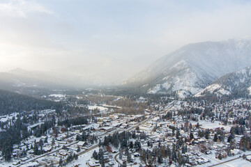 Fototapeta na wymiar Aerial view of Leavenworth, WA at sunrise in December of 2022