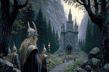 Armored Viking Knights Marching up to a Castle Fortress Surrounded by Mountain Cliffs. [Sci-Fi, Fantasy, Historic, Horror Scene. Graphic Novel, Video Game, Anime, Comic, or Manga Illustration.]