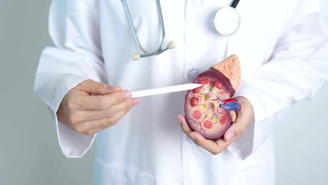 Doctor holding Anatomical kidney Adrenal gland model. disease of Urinary system and Stones, Cancer, world kidney day, Chronic kidney, Urology, Nephritis, Renal and Transplant concept