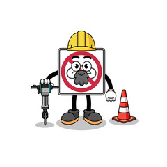 Character cartoon of no bicycles road sign working on road construction