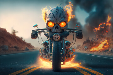 Obraz na płótnie Canvas Baby Ghost Rider on a burning motorcycle. surreal fantasy generative ai
